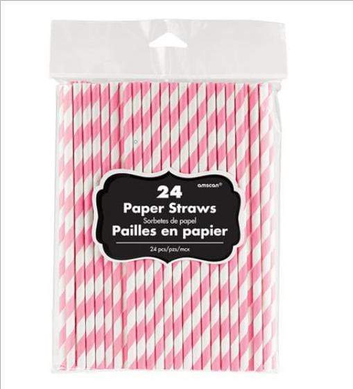 New Pink Paper Straws 19cm 24pk