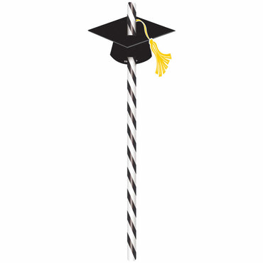 Paper Straws with Black Graduation Caps 12Pk