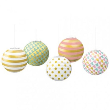 Pastel Mini Paper Lanterns with Metal Frames - Foil Hot Stamped 5Pk - Party Savers