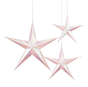 Hanging 3D Star Decorations Iridescent White & Pink 3pk - Party Savers