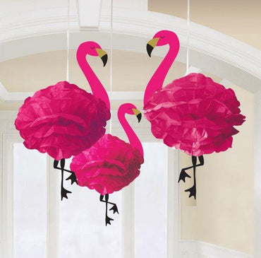 Flamingo Fluffy Hanging Decorations 3pk