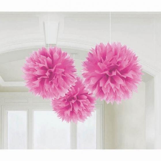 Bright Pink Fluffy Tissue Decorations 40cm 3Pk