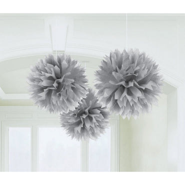Silver Fluffy Tissue Decorations 16in 3pk - Party Savers
