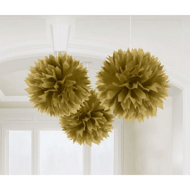 Gold Fluffy Tissue Decorations 16in 3pk - Party Savers