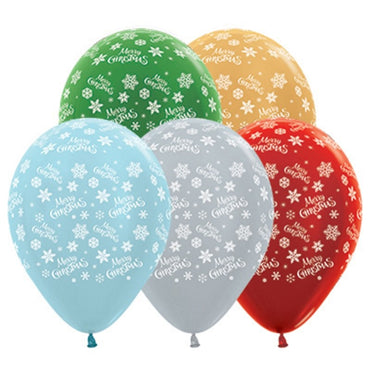 Merry Christmas Snowflakes Satin Pearl And Metallic Assorted 30cm Latex Balloons, 25PK - Party Savers