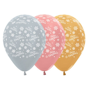 Merry Christmas Snowflakes Metallic Silver, Rose Gold And Gold 30cm Latex Balloons, 25PK - Party Savers