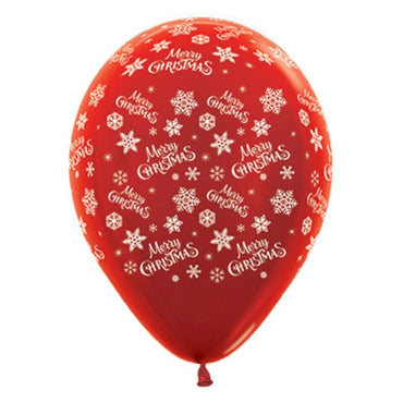 Merry Christmas Snowflakes Metallic Red 30cm Latex Balloons, 6PK - Party Savers