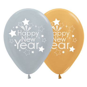 Happy New Year Metallic Silver & Gold Latex Balloons 30cm 25pk - Party Savers