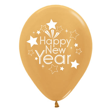 Happy New Year Metallic Gold Latex Balloons 30cm 6pk - Party Savers