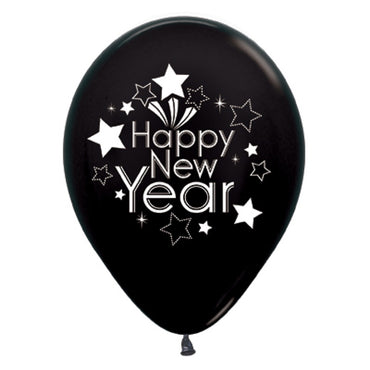 Happy New Year Metallic Black Latex Balloons 30cm 6pk - Party Savers