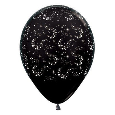 Sparkling Stars Printed Metallic Black Latex Balloons 30cm 6PK - Party Savers