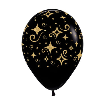 Golden Diamonds Printed Black Latex Balloons 30cm 12PK - Party Savers