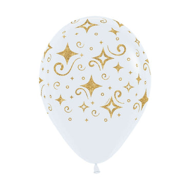 Golden Glitter Printed White Latex Balloons 30cm 12Pk - Party Savers