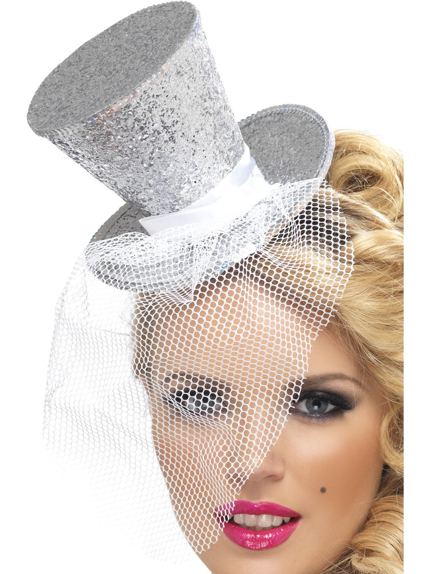 Silver Fever Mini Top Hat on Headband - Party Savers