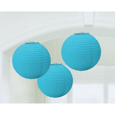 Caribbean Blue Round Paper Lanterns 3pk 24cm - Party Savers
