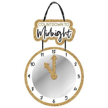 Countdown to Midnight Mirror Clock MDF Gold Glittered Hanging Sign 44cm x 30cm Each