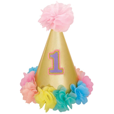 1st Birthday Girl Glittered Cone Hat Each