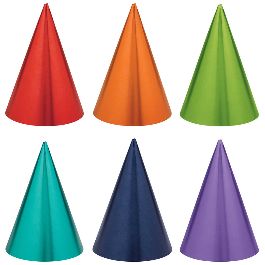 Party Cone Hats Foil Rainbow Colours 17cm 12pk