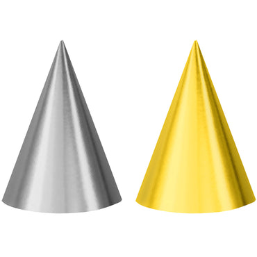 Silver & Gold Foil Party Cone Hats 17cm 12pk