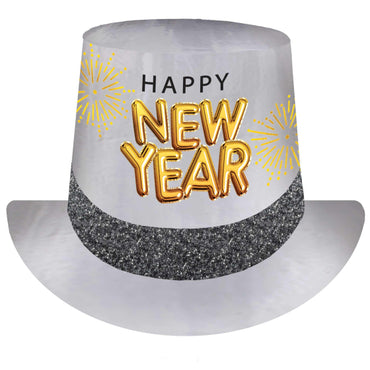 Happy New Year Glittered Top Hat Black, Silver & Gold Each