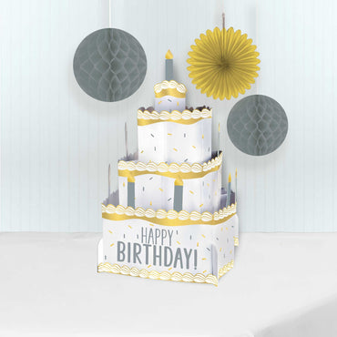 Silver & Gold Happy Birthday Pop Up Cake Centrepiece Decoration Each