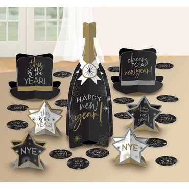 Happy New Year Black, Silver & Gold Centrepiece Table Decorating Kit Each