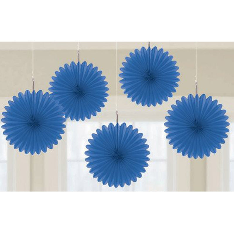 Bright Royal Blue Mini Fan Decorations 6in 5pk - Party Savers