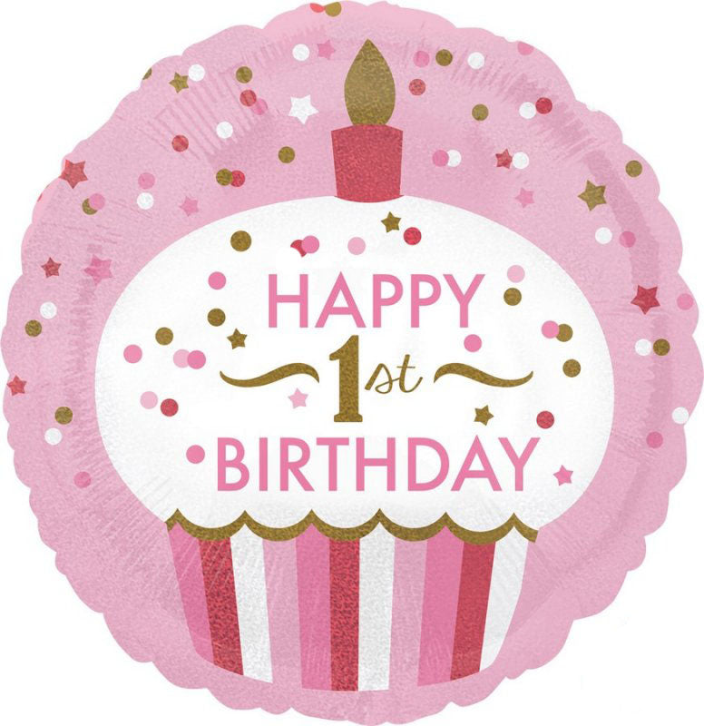 1st Birthday Cupcake Girl Foil Balloon 45cm - Party Savers