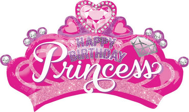 Happy Birthday Princess Crown And Gem SuperShape Foil Balloon 81cm x 48cm Each - Party Savers