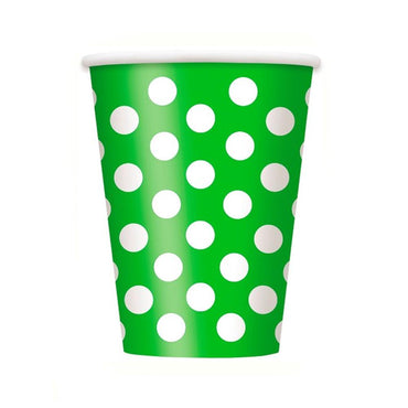 Lime Green Dotty Paper Cups 355ml 6pk - Party Savers