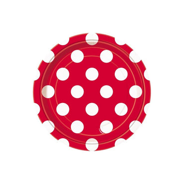 Red Dotty Paper Plates 18cm 8pk - Party Savers