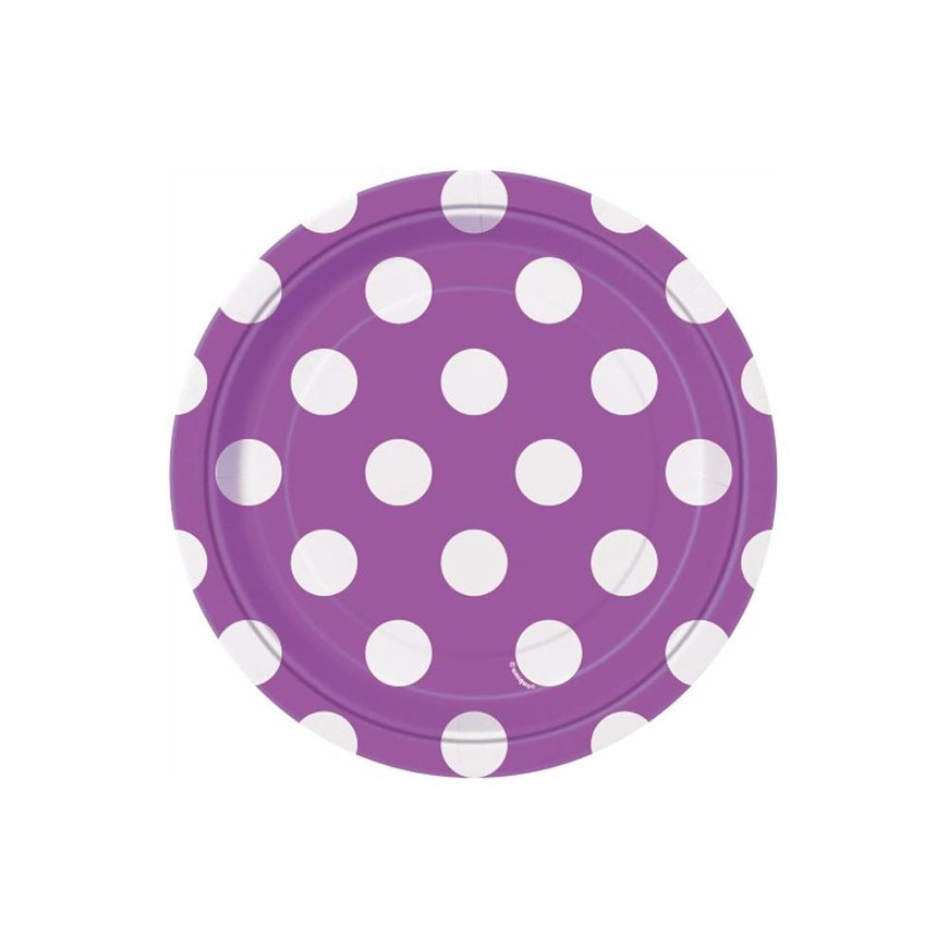 Purple Dotty Paper Plates 18cm 8pk - Party Savers
