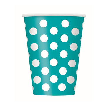 Teal Dotty Paper Cups 355ml 6pk - Party Savers
