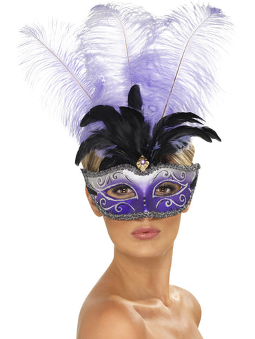 Venetian Colombina Eyemask with Multicolour Plume - Party Savers