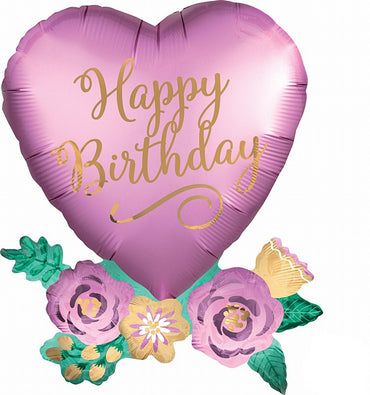 Happy Birthday Satin Heart with Flowers SuperShape Foil Balloon 58cm x 76cm Each - Party Savers