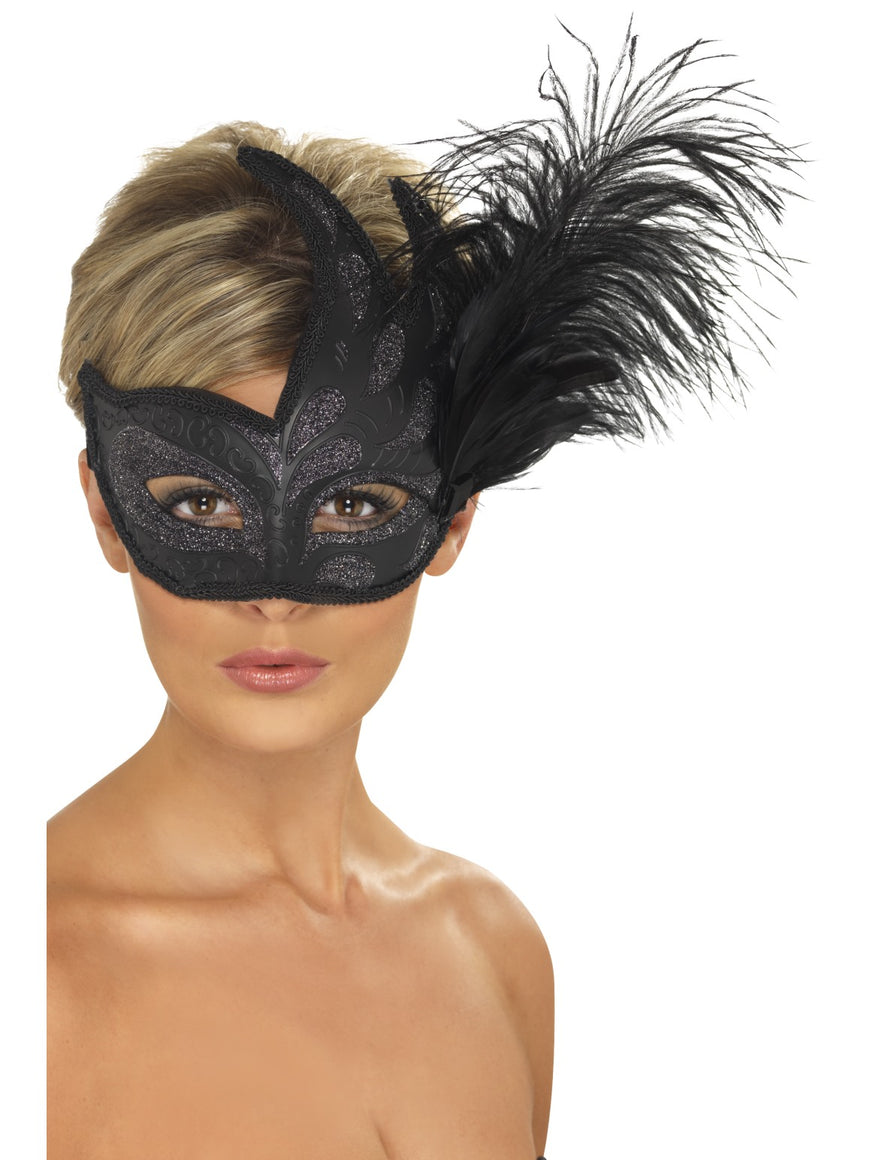 Black Ornate Colombina Feather Mask - Party Savers