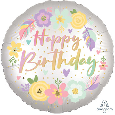 Boho Happy Birthday Satin Flowers Foil Balloon 45cm - Party Savers