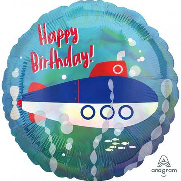 Holographic Iridescent Submarine Happy Birthday Foil Balloon 45cm Each