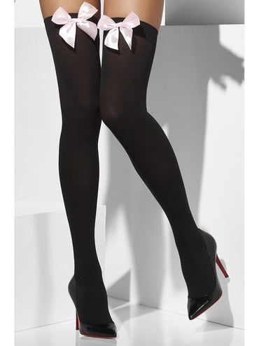 Black Opaque Hold-Ups With Pink Bows - Party Savers
