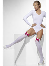 White Opaque Hold-Ups With Fuchsia Bows - Party Savers