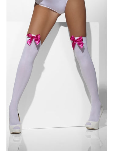 White Opaque Hold-Ups With Fuchsia Bows - Party Savers