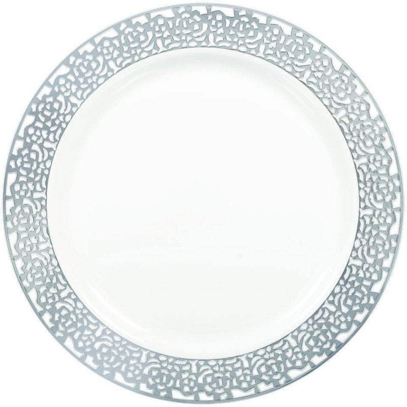 Silver Lace Border White Premium Plastic Round Plates 19cm 20pk