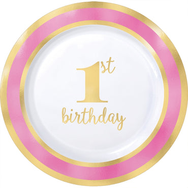 1st Birthday Pink Plates Hot Stamped 19cm 10pk - Party Savers