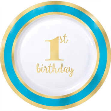 1st Birthday Blue Plates Hot Stamped 19cm 10pk - Party Savers
