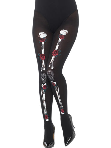 Black Opaque Day of the Dead Tights - Party Savers