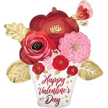 Happy Valentine's Day Satin Painted Flowers Supershape Foil Balloon 66cm Each