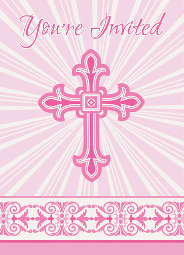 Radiant Cross Pink Invitations 8pk - Party Savers