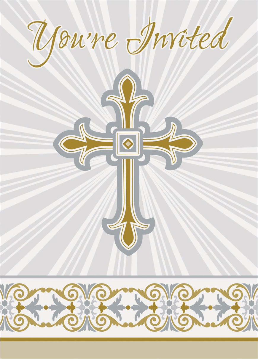 Radiant Cross Gold & Silver Invitations 8pk - Party Savers