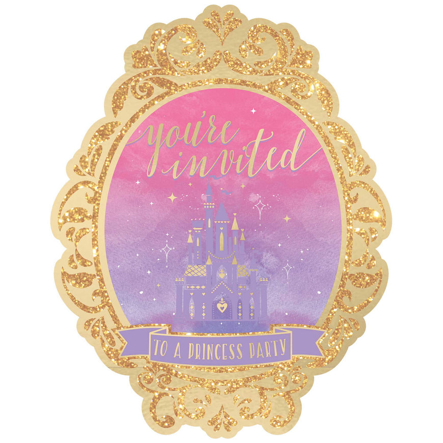 Disney Princess Once Upon A Time Glittered Invitations 18cm x 14cm 8pk - Party Savers
