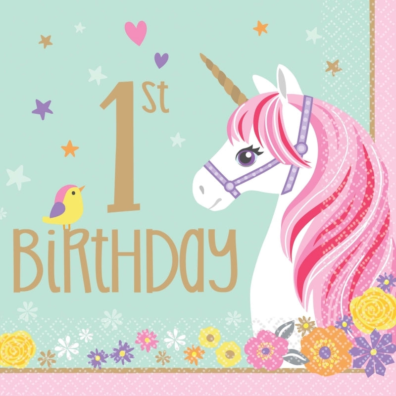 Magical Unicorn 1st Birthday Lunch Napkins 16pk - Party Savers